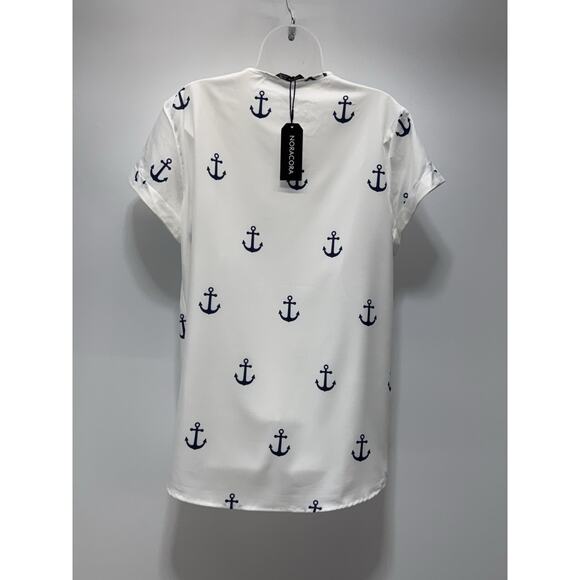 Noracora Women’s Size XL White Mid Length Shirt Dress Short Sleeve Blue Anchor - Picture 2 of 7